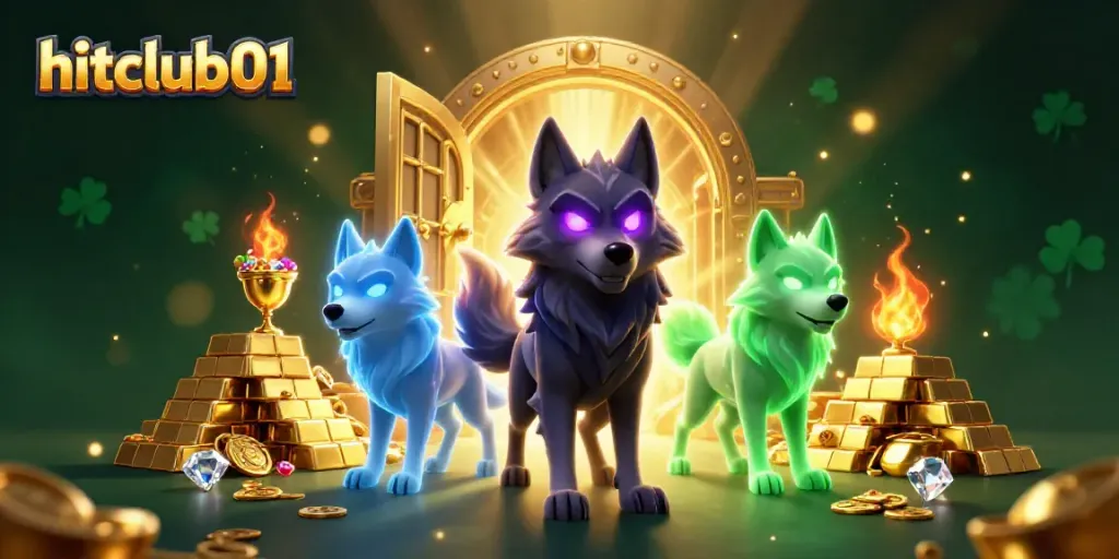 Hitclub01 showcases a vivid casino scene with wolf characters and overflowing gold treasures.