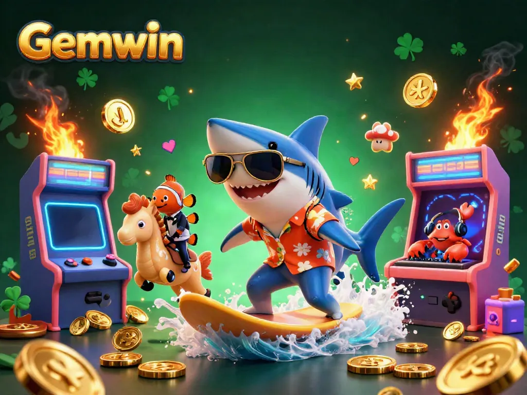 Experience Gemwin with a shark surfing through gold coins, surrounded by vibrant gaming elements.