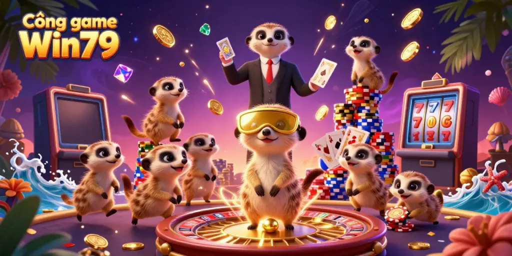 Experience the excitement at Cổng game Win79 with lively meerkats running a bustling casino filled with vibrant colors and rich details.