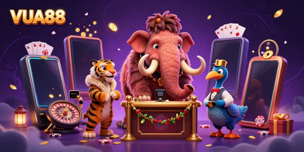 Experience VUA88 with a cartoon woolly mammoth bouncer and saber-tooth tiger VIP in a vibrant casino scene.