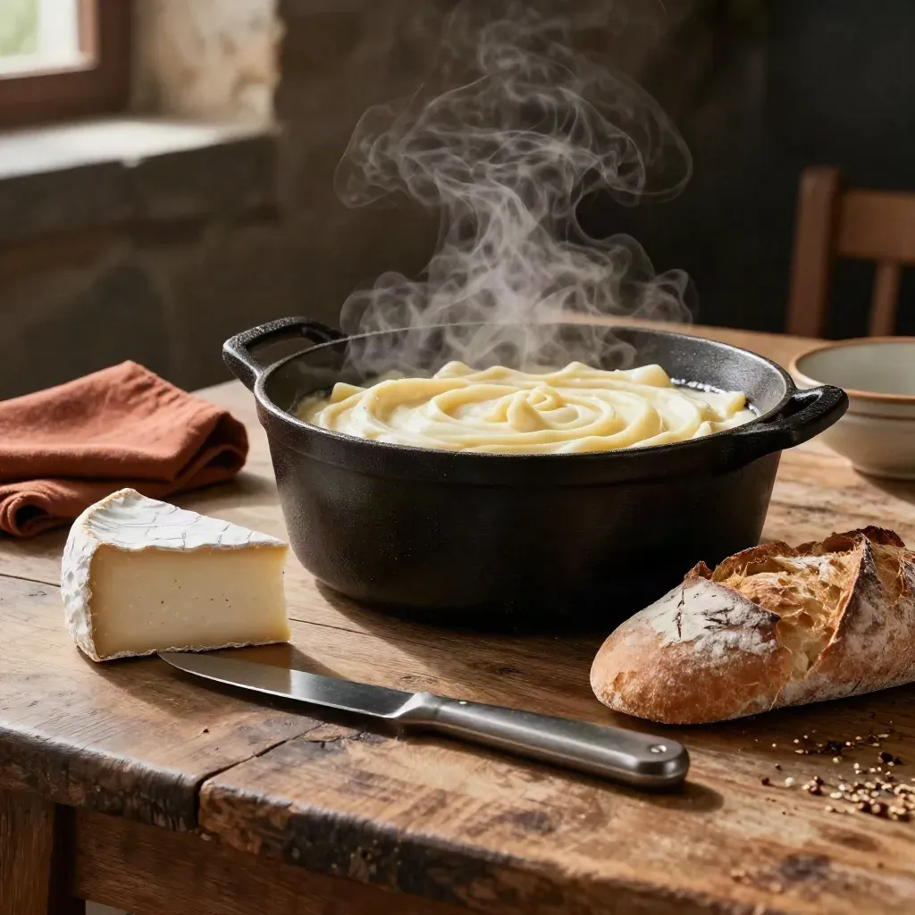 Table rustique avec aligot fumant, fromage local, pain de campagne et couteau.