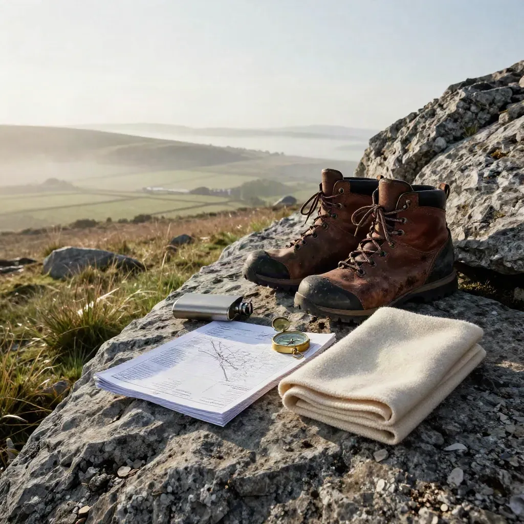 Kit de randonnée sur muret de pierre dans la brume, au lever du jour sur l’Aubrac.