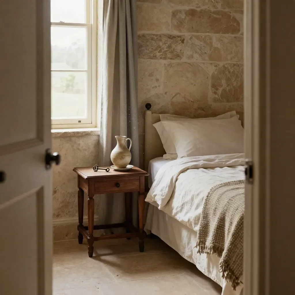 Chambre d’hôtes en pierre claire, lit fait, plaid en laine et clé sur soucoupe près d’une fenêtre douce.