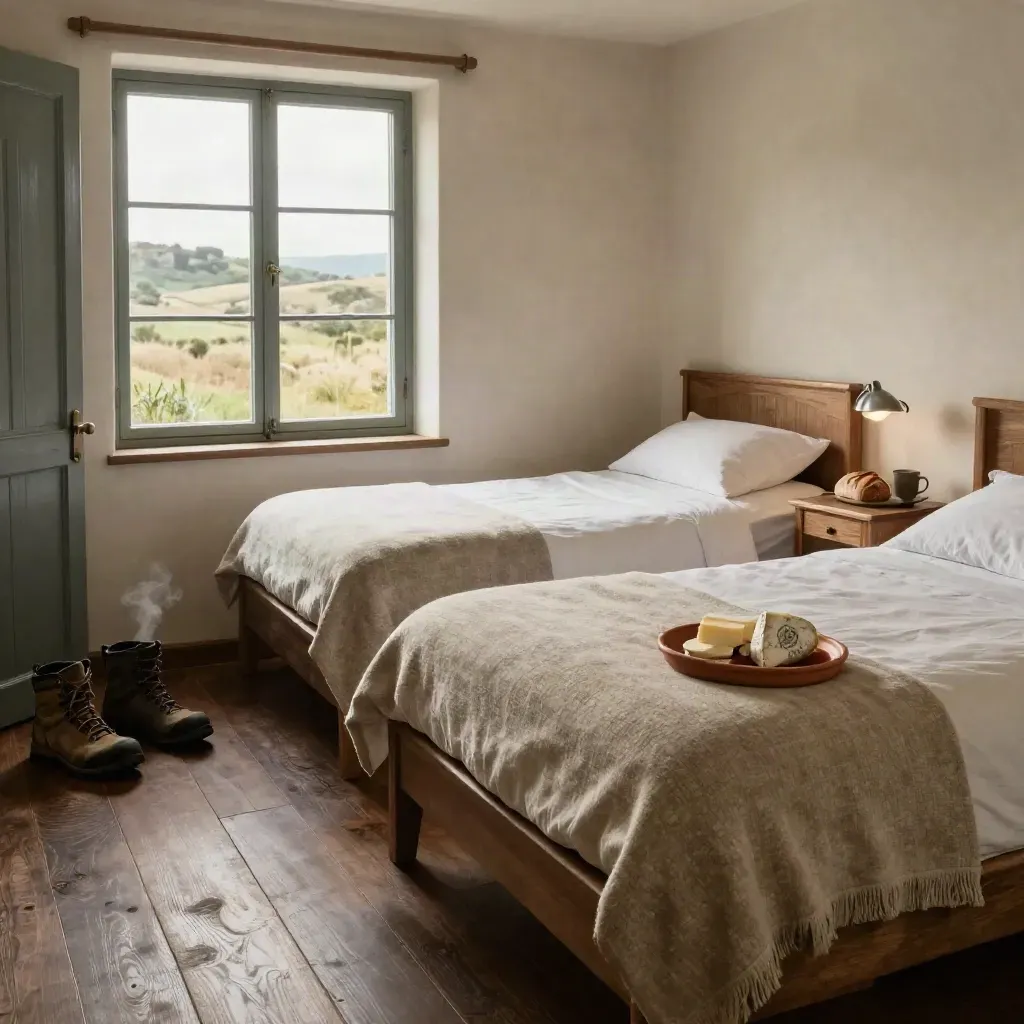 Chambre d’étape à Nasbinals avec deux lits faits, chaussures rangées, fromage et vue sur l’Aubrac.