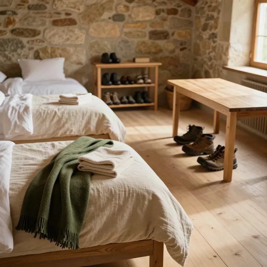 Gîte de marche prêt, lits faits, porte-chaussures et table commune vide dans une lumière douce.