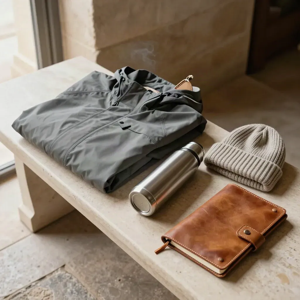 Kit de séjour sur pierre : veste de pluie, chaussure, thermos et bonnet prêts au départ.