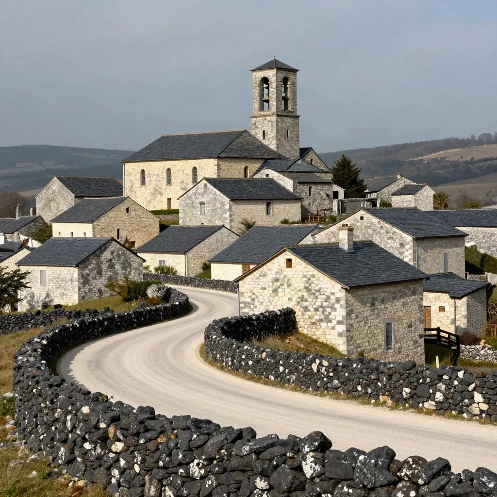 Boucle de villages en pierre, route sinueuse, clocher et toits sombres sous ciel lourd.
