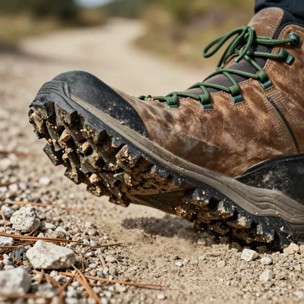 Macro d’une semelle de chaussure de marche couverte de boue sèche et gravier, sur sentier poussiéreux.