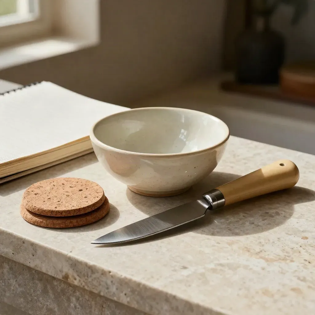 Coupe en céramique, couteau à fromage, sous-verres en liège et carnet fermé sur pierre.