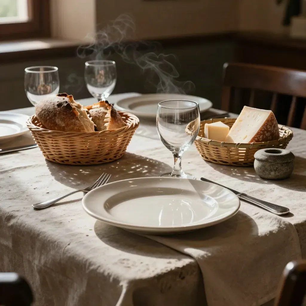 Table de restaurant dressée avec pain, fromage, assiettes crème et verre simple, lumière douce.