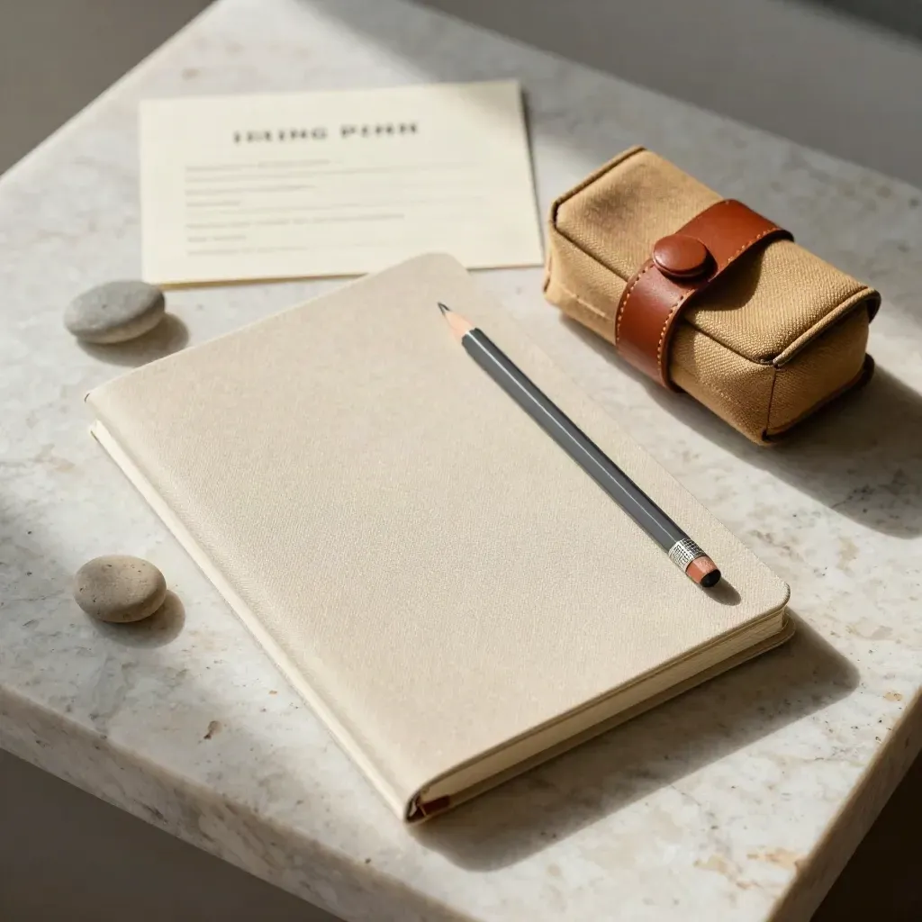 Carnet de terrain fermé, crayon usé, galet repère et étui en toile sur travertin clair.