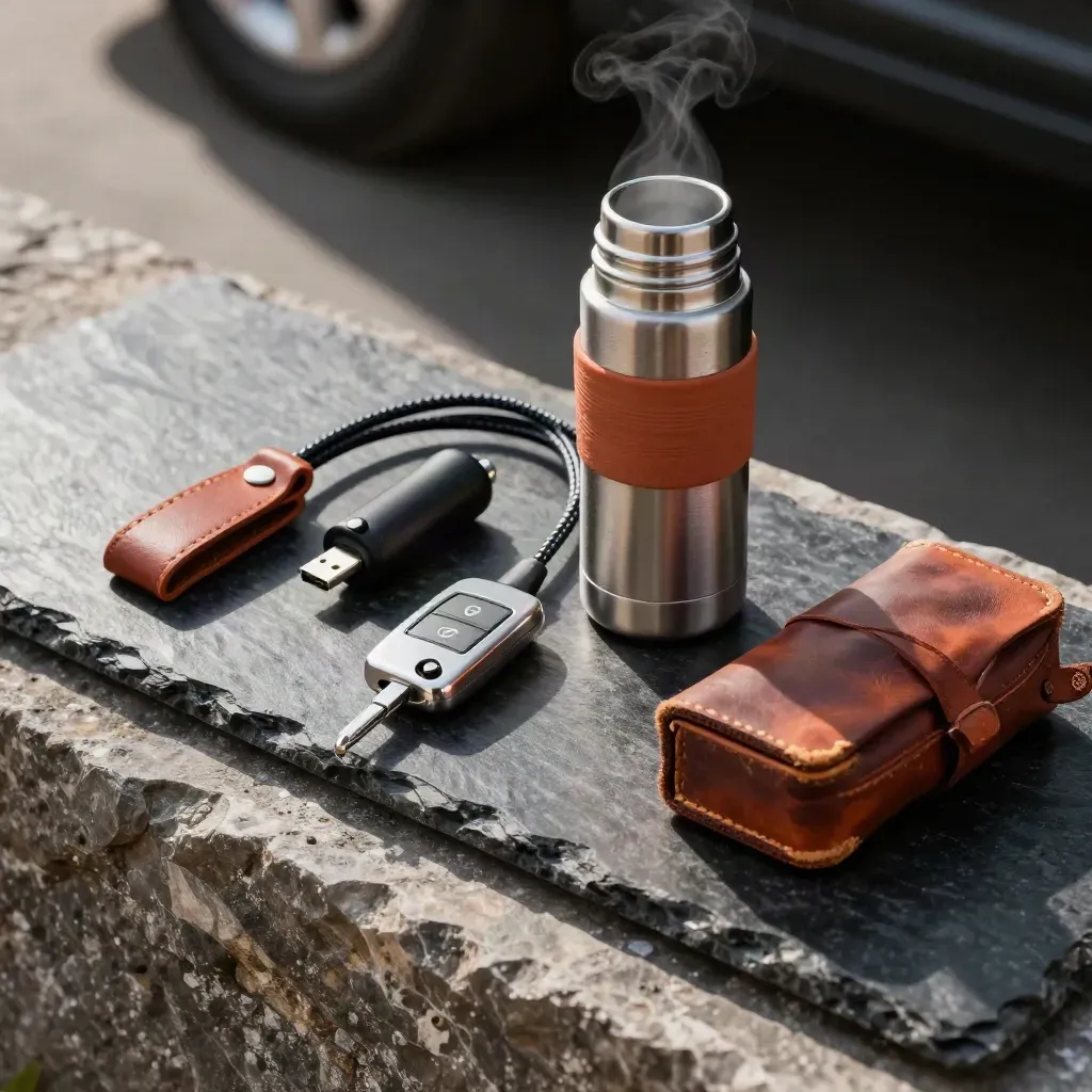 Clés de voiture, chargeur, thermos et étui sur pierre sombre, lumière douce.