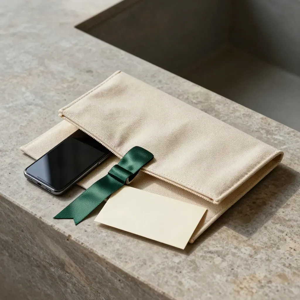 Pochette de dossier en toile, téléphone éteint et ruban vert sur pierre sombre.