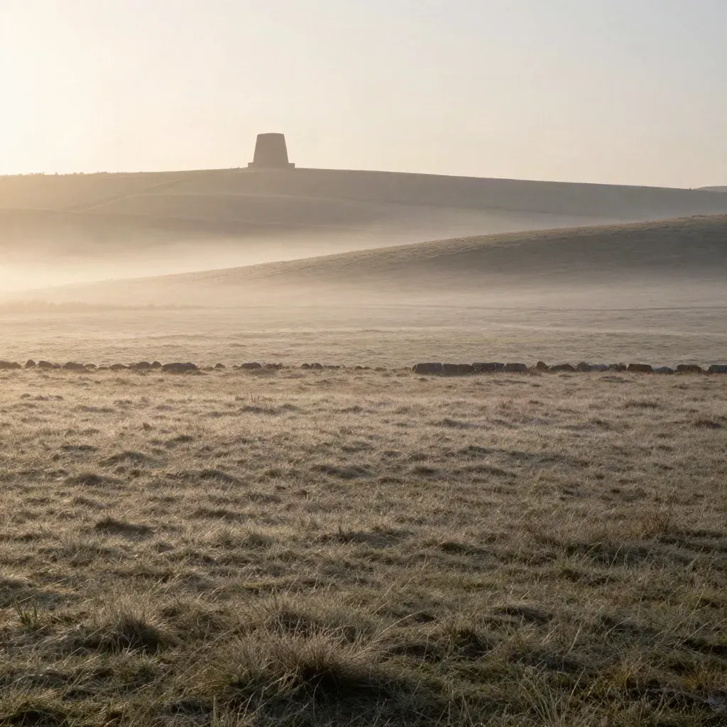 Plateau de l’Aubrac au lever du jour, buron lointain et brume dorée sur les herbages