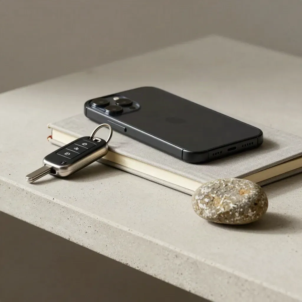 Gros plan diagonal d’un téléphone, d’un porte-clés, d’un carnet fermé et d’une pierre de route sur béton clair.
