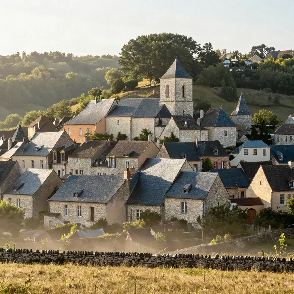 Village de Laguiole en pente, toits d’ardoise et clocher dans une lumière douce.