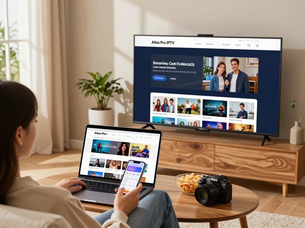 Expérience de streaming avec Atlas Pro IPTV sur un téléviseur intelligent dans un salon confortable.