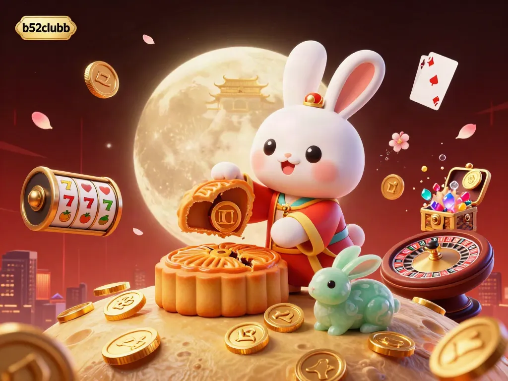 Engage with b52clubb's dynamic gaming scene featuring a moon rabbit amidst vibrant slots and roulette elements.