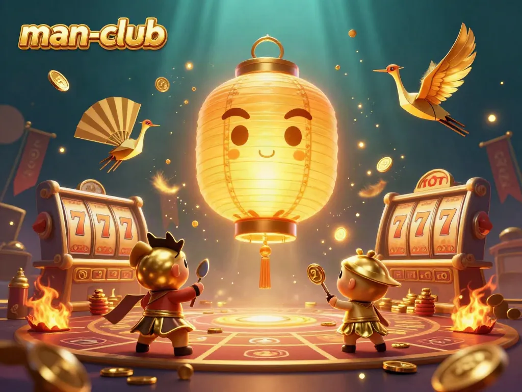 The man-club vibrant casino scene with glowing lantern spirit and animated characters surrounded by slot elements, glowing coins.