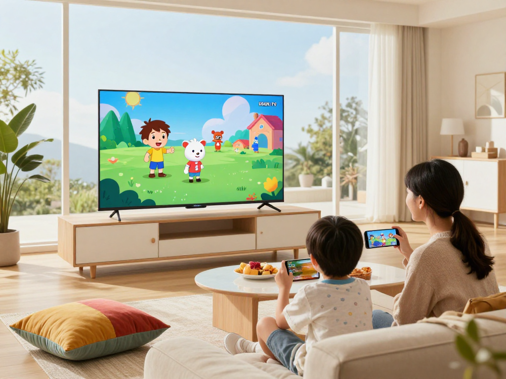 La famille profitant de l'abonnement Iron tv pro sur Smart TV dans un salon moderne et confortable.
