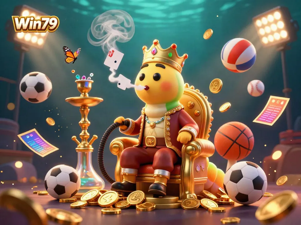 Experience gaming excitement with Win79 in this vibrant 3D casino scene featuring unique characters and lively game elements.