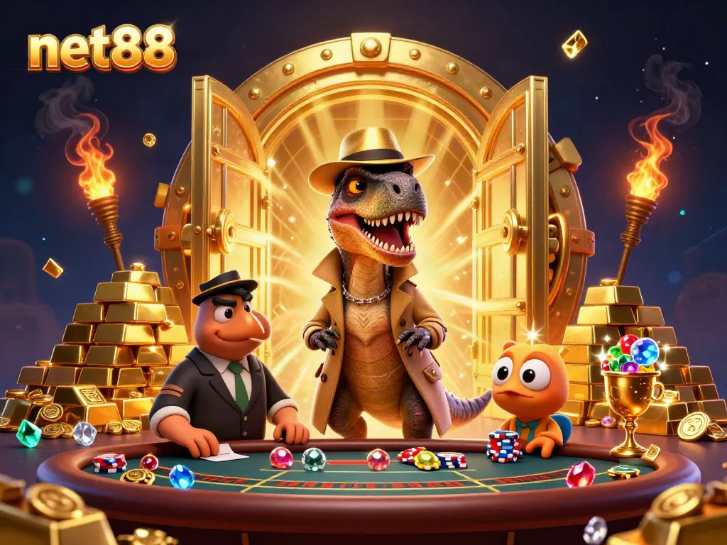 Experience thrilling card games at net88 with a cartoon velociraptor and friends at the blackjack table, surrounded by luxurious winnings.