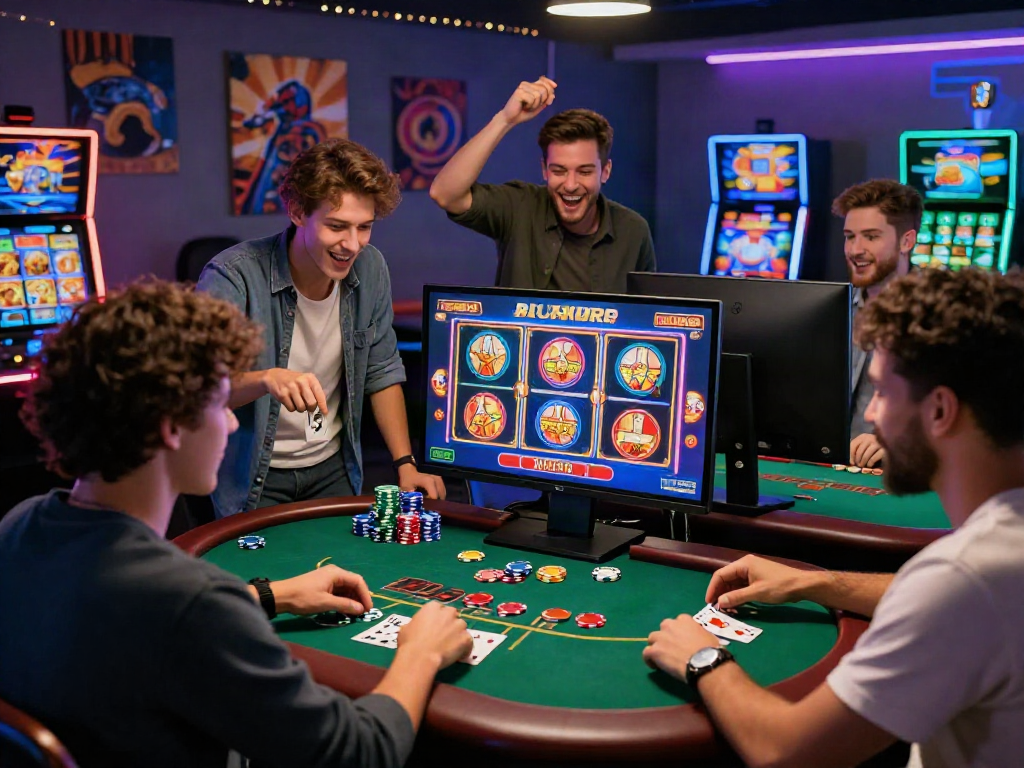 Groupe d'amis jouant à des jeux de casinos en ligne dans une ambiance festive.