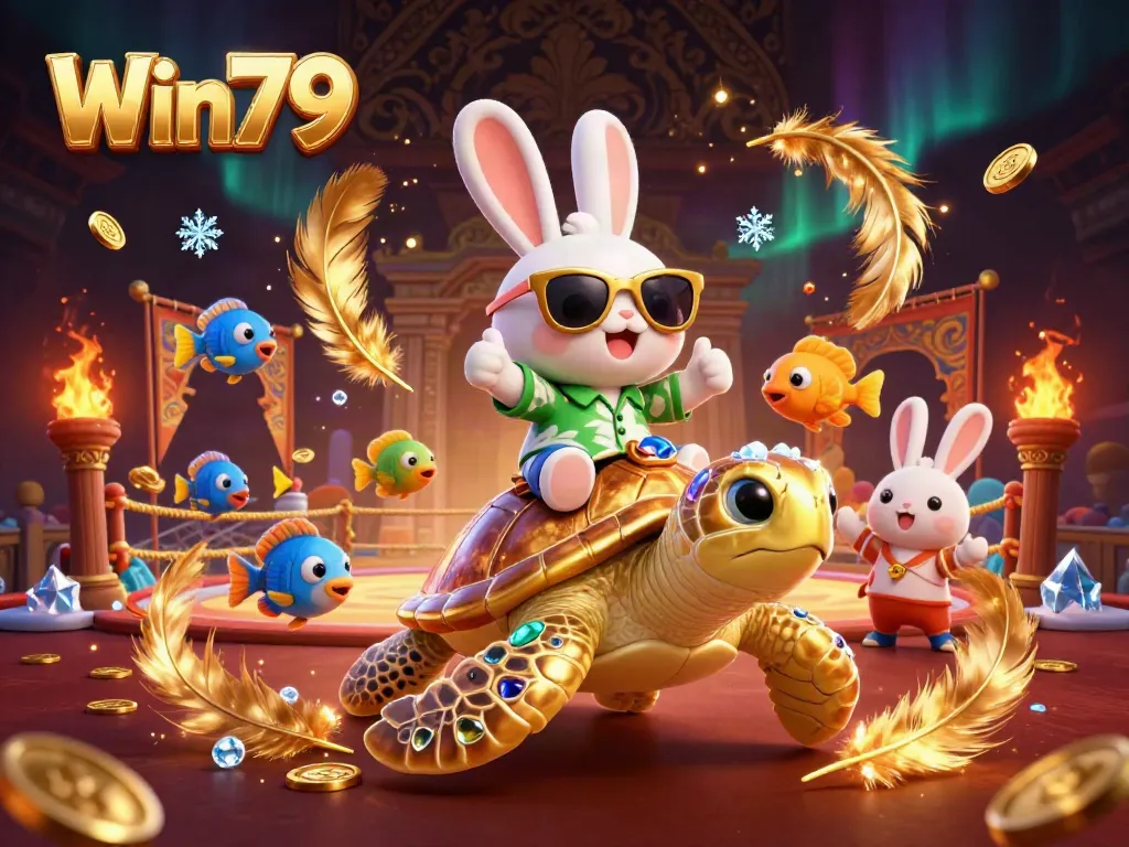 Win79 offers an exciting gaming experience featuring a lucky rabbit and golden turtle in a vibrant gambling scene.