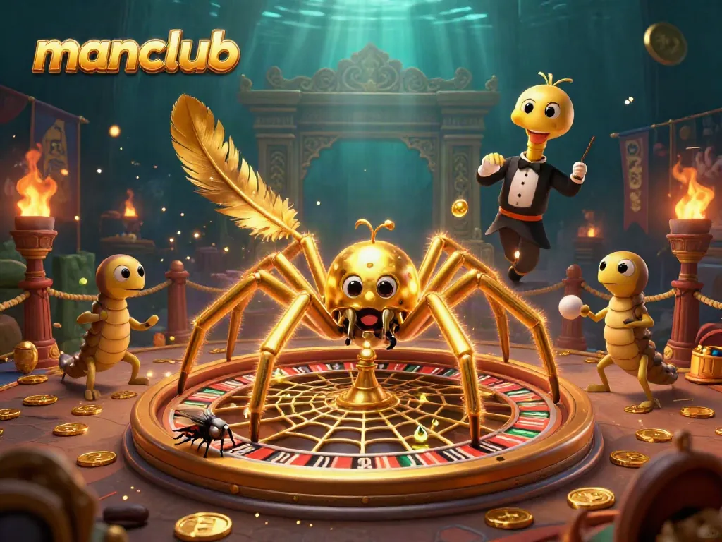 Engage with manclub gaming as a golden spider spins a roulette wheel amidst vibrant casino elements.