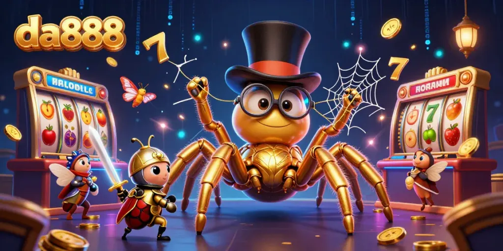 Experience thrilling online slots at da888 with a vibrant casino scene featuring a golden tarantula and beetle knight.
