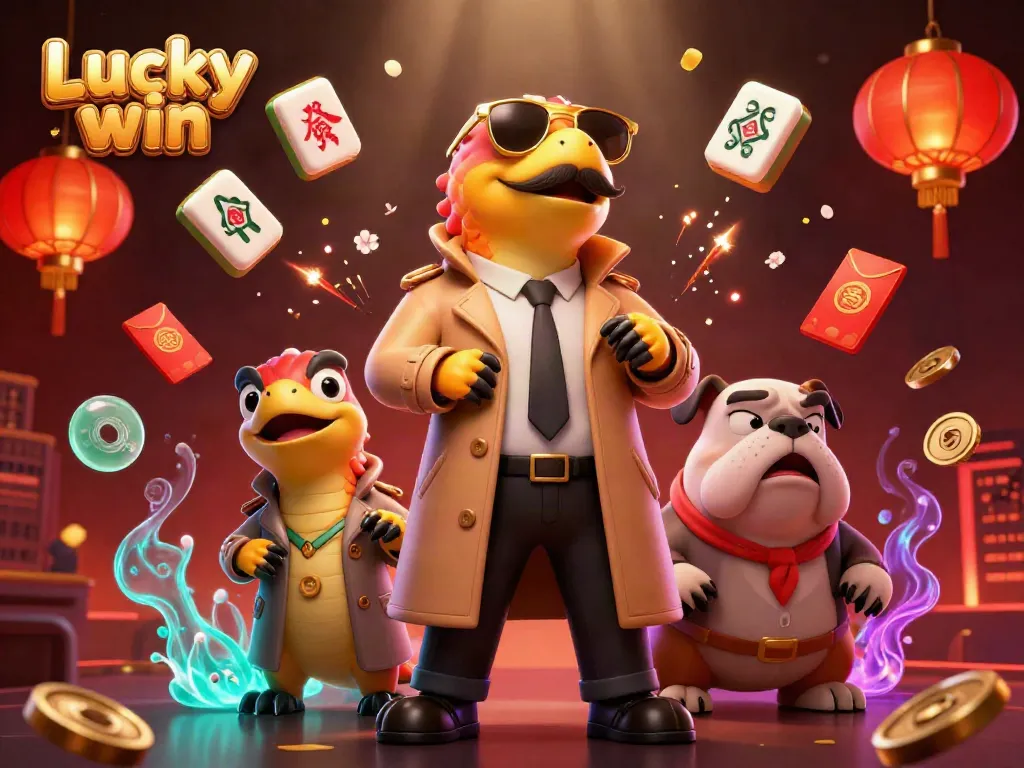 Experience Lucky win with cartoon raptors at a casino VIP lounge, surrounded by festive elements.