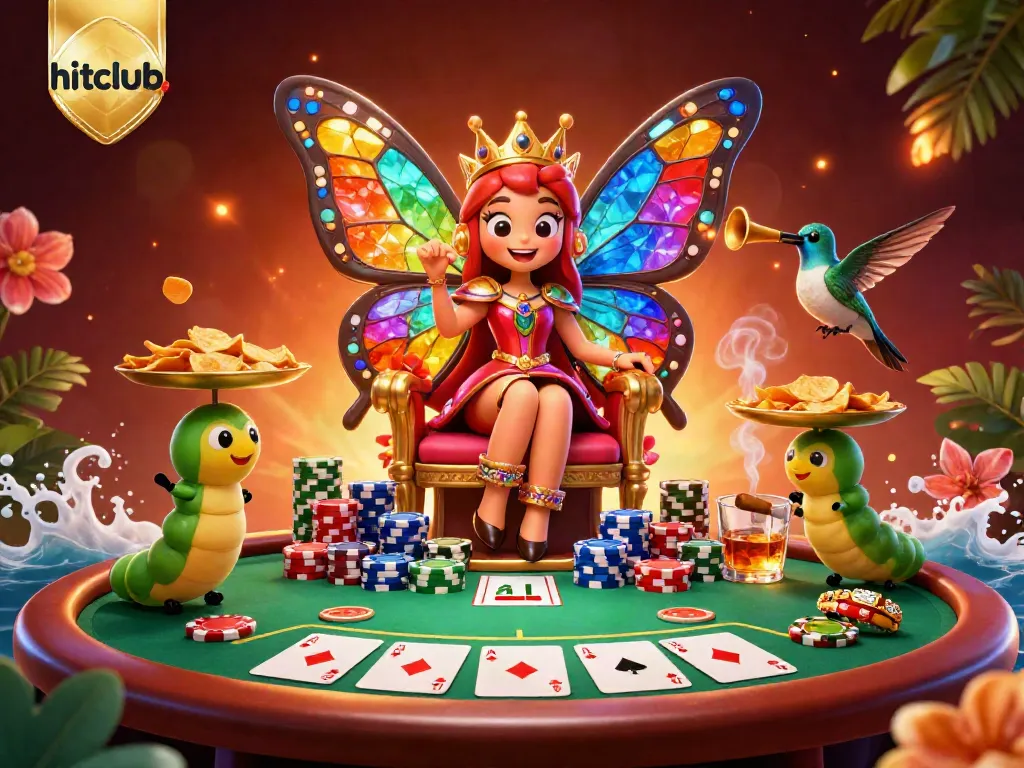 Engage with hitclub. featuring a butterfly queen in a lively casino scene with rich gambling elements.