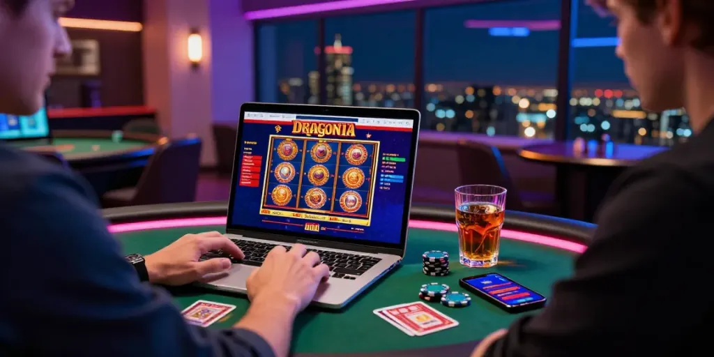 Joueur profitant de l'interface de https://studiobarw.com/ à Dragonia Casino avec ambiance moderne et jeux colorés.