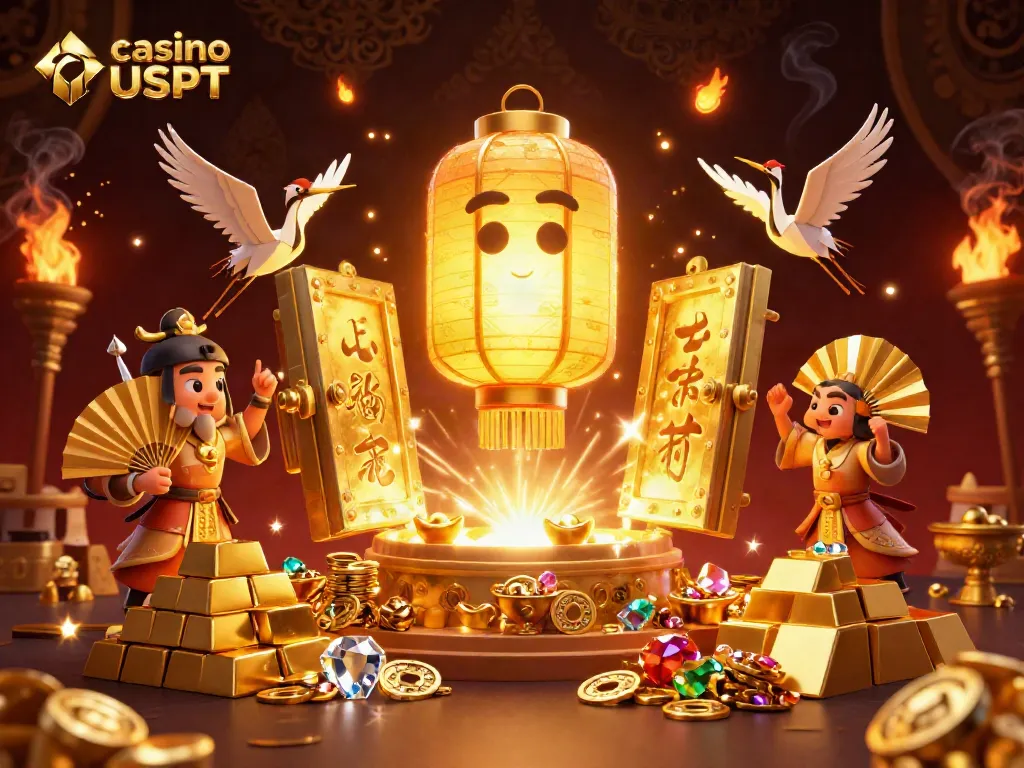 Experience thrilling gameplay at casino USDT with a dynamic scene featuring golden lanterns and treasures.