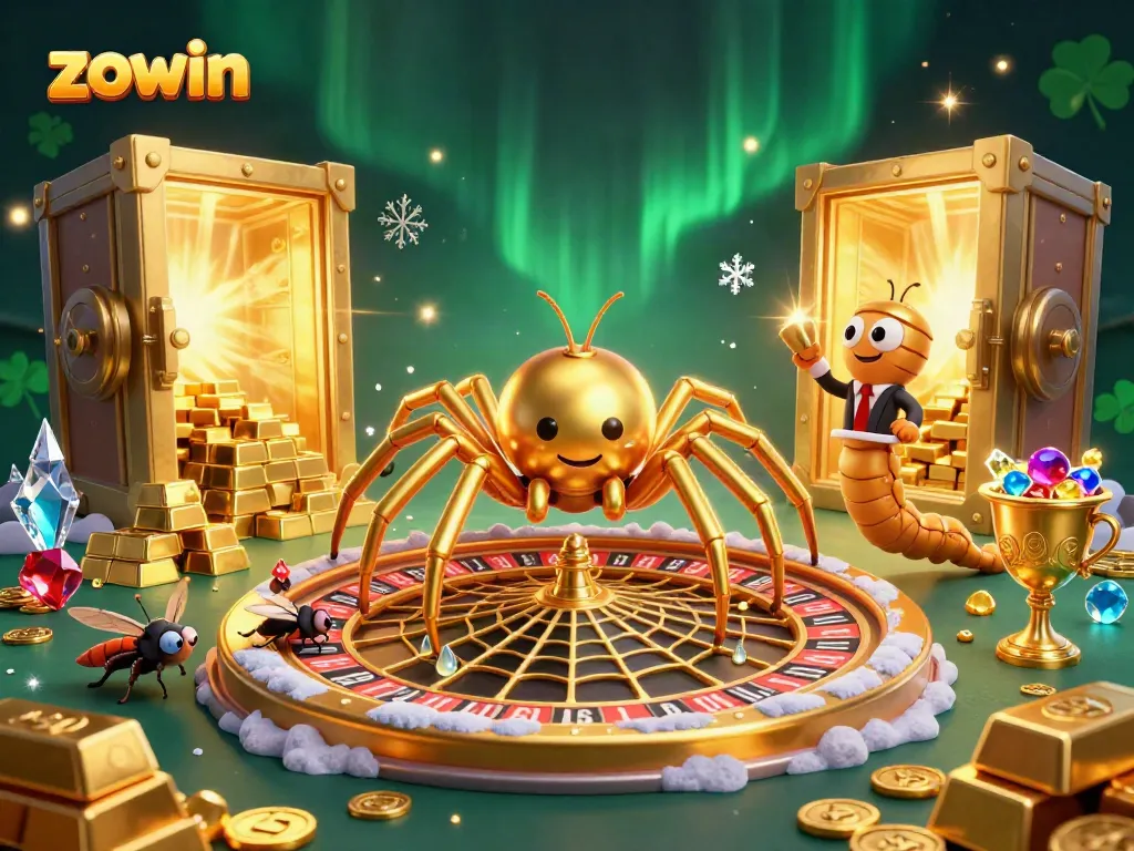 Engage in thrilling games at Zowin with a vibrant online casino scene featuring exciting characters and golden treasures.
