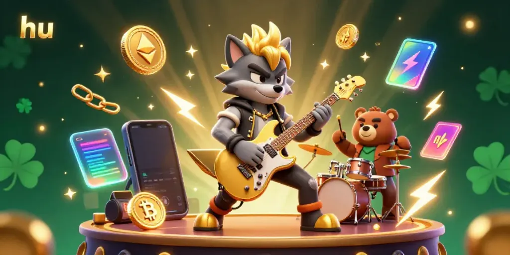Experience thrilling gaming at hu with a rock star wolf and drummer bear on a lively casino stage.