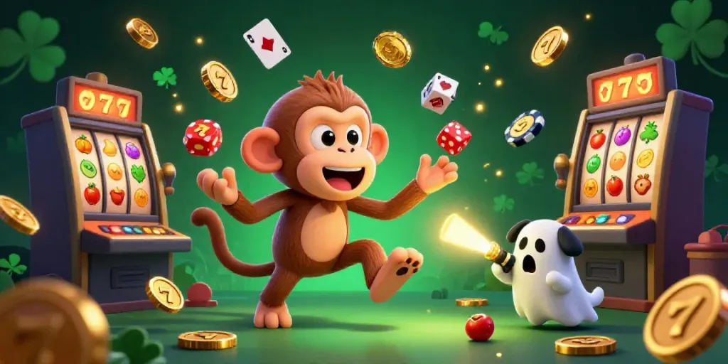 Experience thrilling gameplay at b52club-m7 with a playful poltergeist monkey juggling golden riches in an enchanting casino.