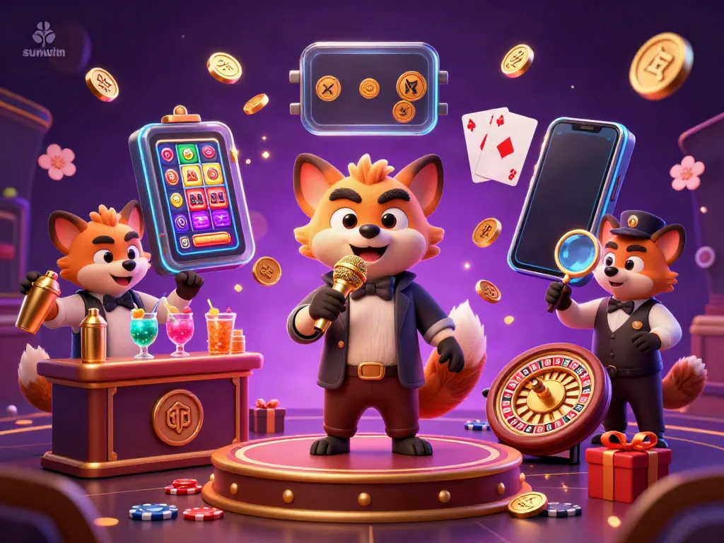 Hyenas running a vibrant casino scene, showcasing sunwin with slots, drinks, and lively interactions.