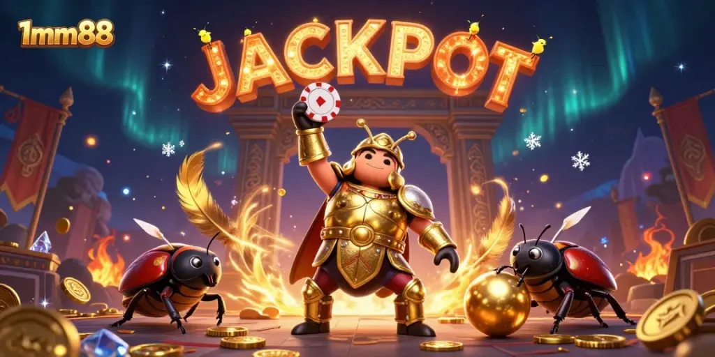 Engage with the thrilling world of 1mm88, showcasing a victorious beetle bringing excitement and jackpot vibes.