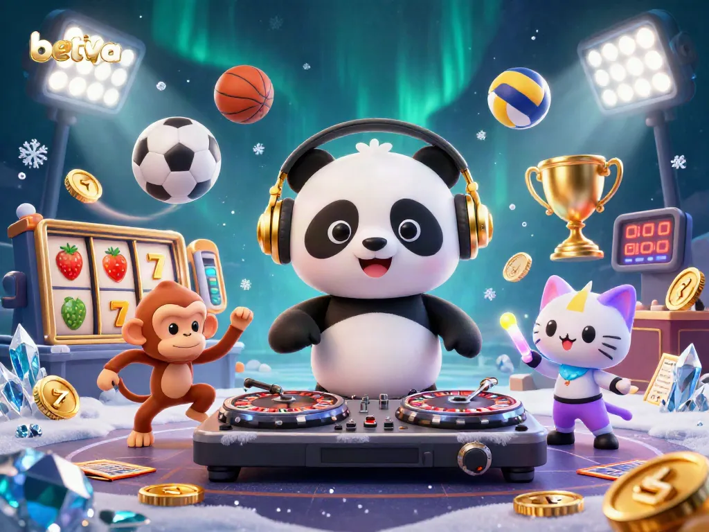 Engage with the vivid and exciting world of Betya's casino games featuring animated characters like a DJ panda and breakdancing monkey amid slot reels and vibrant casino elements.