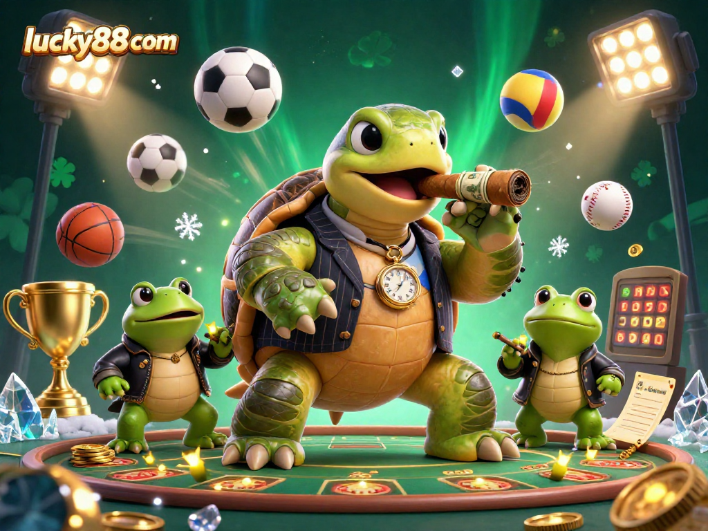 Engage with lucky88com's vibrant casino scene showcasing a turtle mobster and frog enforcers amidst dynamic sport elements.