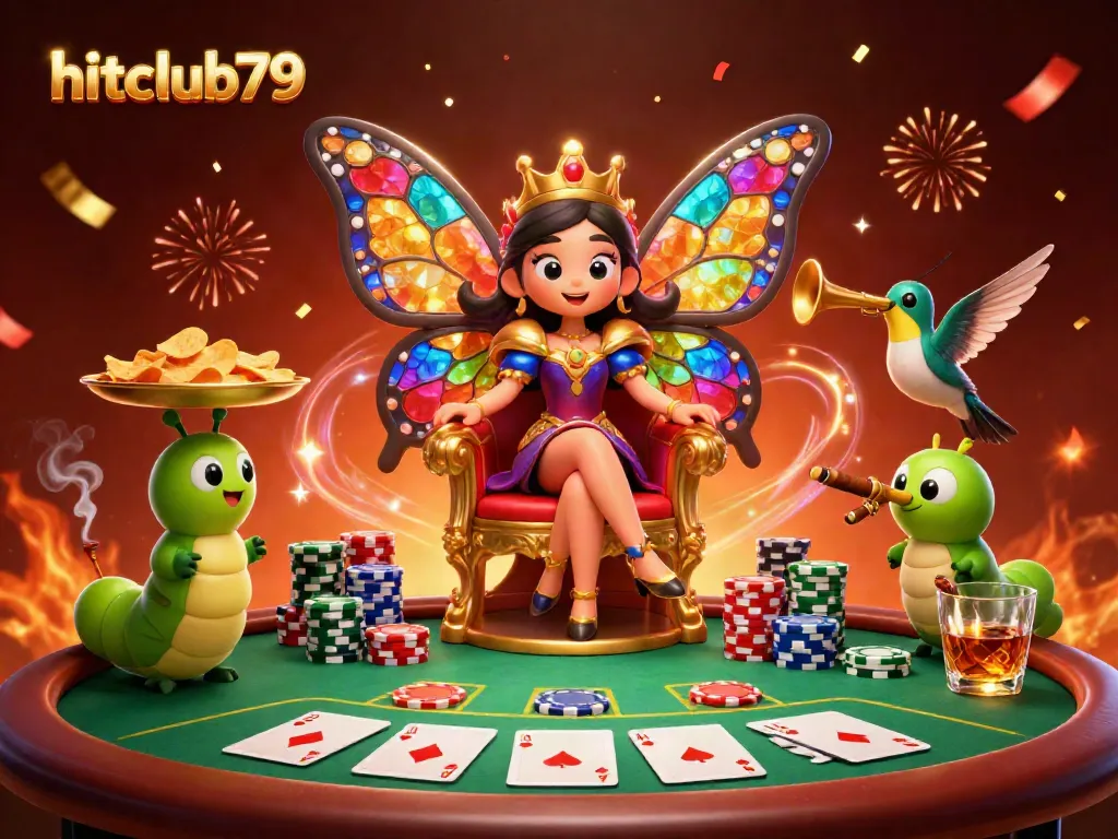 Experience the fun at hitclub79 with a vibrant casino scene featuring a butterfly queen and poker elements.