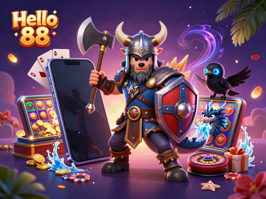 Experience the thrill of Hello 88 with a Viking wolf warrior, dragon, and glowing slot game in vibrant 3D!