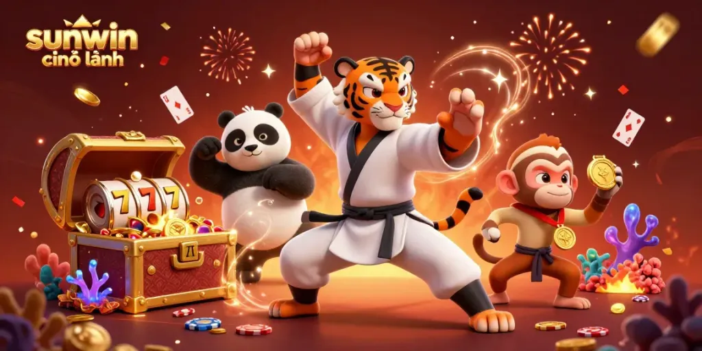 Celebrate winning moments with sunwin chính hãng in a vibrant 3D casino scene filled with games and treasures.