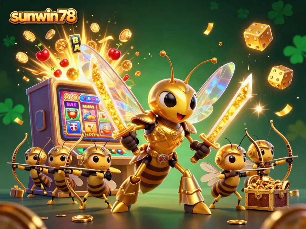 Experience thrilling wins with sunwin78, showcasing a golden hornet warrior in an explosive casino scene.