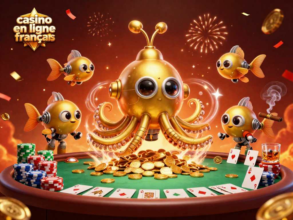 Casino en ligne francais : une scène de jeu dynamique avec une créature marine et des éléments de poker.