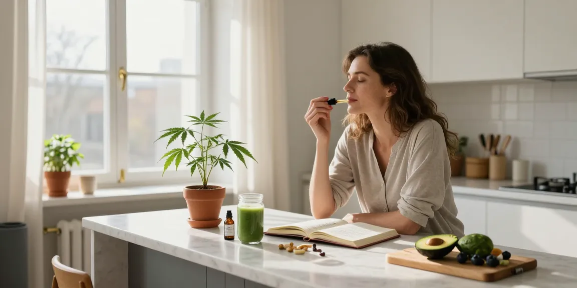site paris sportif France avec huile de CBD, plantes naturelles et ambiance wellness dans une cuisine moderne.