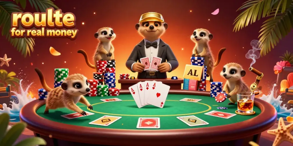 Engaging meerkats run a colorful roulette operation while savoring chips in this thrilling casino scene.