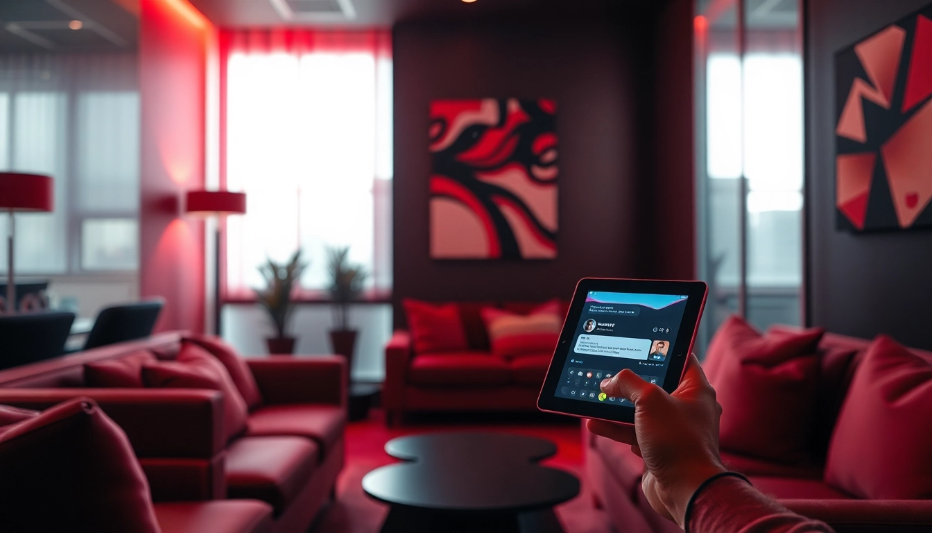 Engage in thrilling porn ai chat in a cozy, modern lounge setting showcasing AI technology.