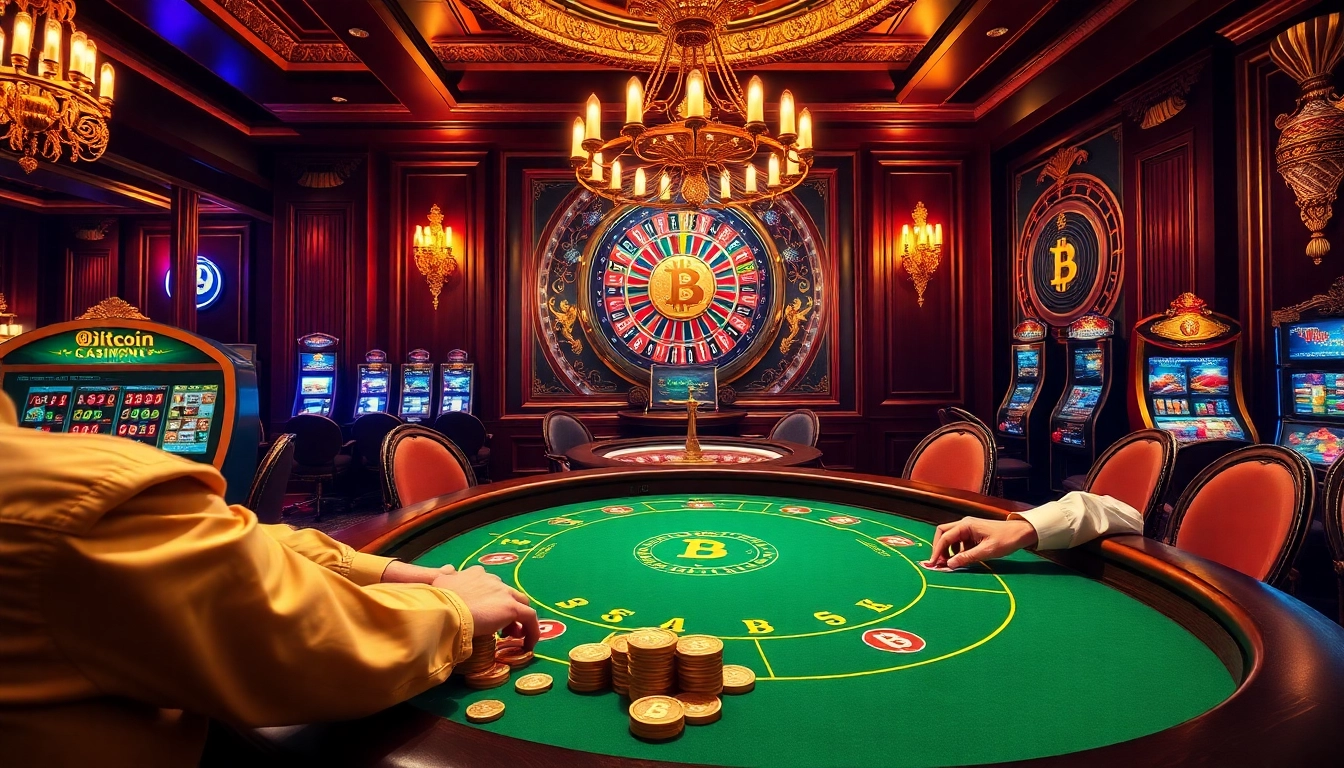 Engage in thrilling poker action at a Bitcoin casino featuring luxurious atmosphere and vibrant gaming.